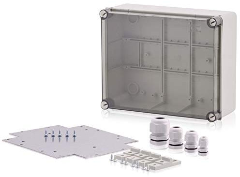 Intratec Industriegehäuse 240x190x90mm Kunststoff Abzweigkasten Wandgehäuse IP65 mit Scharnierschrauben inkl. Montageplatte & Kabelverschraubungen
