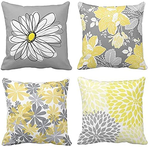 ZHILING 4er Set Kissenbezug 40x40cm Moderne Graue und Gelbe Blumen Gänseblümchen Dekorative Kissenbezüge Wohnkultur Quadratische Kissenbezüge 16x16 Zoll