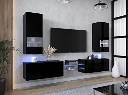 Furnitech Wohnwand Wohnzimmer | Wohnzimmer Möbel mit LED Weiß | Hängend Wohnwand Modern | Wohnzimmer Schrankwand mit Regale und TV Schrank (AN21-NEW-21B-HG1-1B)