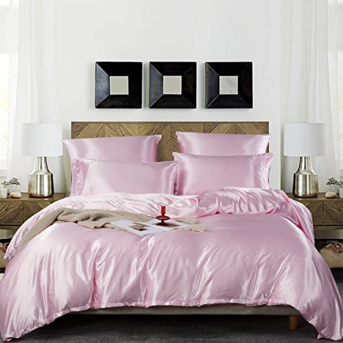 Damier Bettwäsche Rosa 220x240cm Satin Bettbezug Set 3 Teilig Glanzsatin Bettwäsche Hochwertiges Satin Deckenbezug mit Reißverschluss und 2 Kissenbezüge 80 × 80 cm