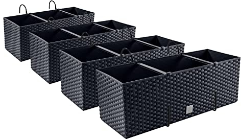 PAFEN 4X Blumenkasten Blumentopf Rattan-Optik mit Halterungen Pflanztopf Balkonkasten Pflanzkästen, Anthrazit