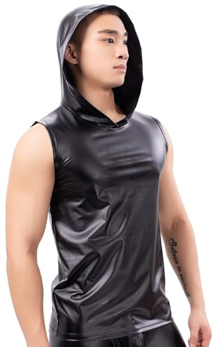 QiaTi Herren Kunstleder Tank Top Unterhemd Wetlook Kapuzen ärmellose Weste Muscle Shirt Clubwear