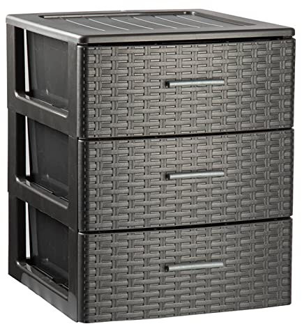 Tradineur - Cajonera de ordenación Rattan de plástico - 3 cajones - Torre de almacenaje multiusos, organizador auxiliar, almacenamiento, baño - 46,5 x 36,5 x 36,5 cm - Color Antracita