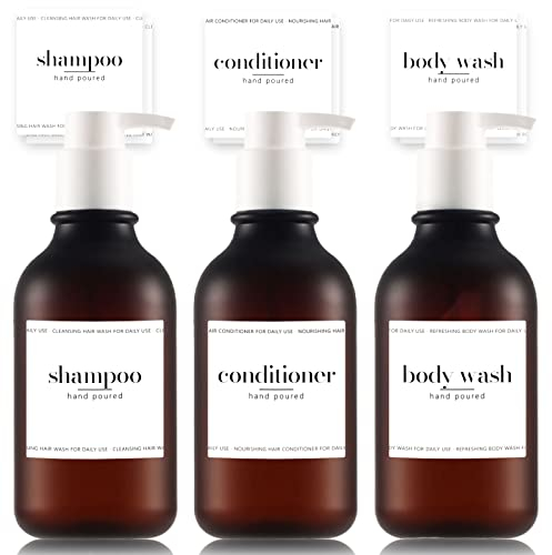 Joyfulmap Seifenspender, 3 Stück, matt, tiefbraune Pumpflaschen des Badezimmers mit 6 Etiketten, Shampoo und Conditioner, Duschspender-Set, leerer Seifenspender aus Kunststoff für Badezimmer
