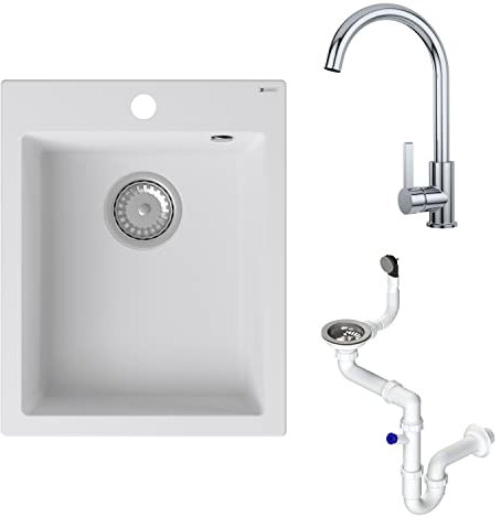 GRANMASTER Ivo Granitspüle mit Armatur 1 Becken mit Siphon in 3 Farben - Spülbecken Arbeitsplatte Küche Waschbecken mit Wasserhahn - 40 x 50 x 19,2 cm Spüle ohne Abtropffläche in Weiß