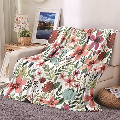 ANAZOZ King Flannel Blanket,Blankets Soft Flowers and Leaves Pattern Red Pink Green Blanket 180x200cm