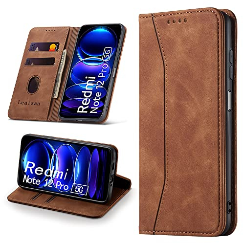Leaisan Handyhülle für Xiaomi Redmi Note 12 Pro 5G Hülle Premium Leder Flip Klappbare Stoßfeste Magnetische [Standfunktion] [Kartenfächern] Schutzhülle für Redmi Note 12 Pro Tasche - Braun