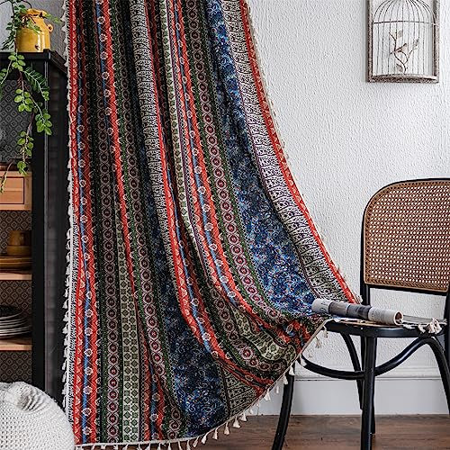 Freyamy Boho Vorhänge 2er Set Gardinen mit Beige Quasten Baumwolle Leinen Halbverdunkelungsvorhänge Transluzente Gardinenschals mit Stangedurchzug für Wohnzimmer Schlafzimmer,180x150cm(HxB)