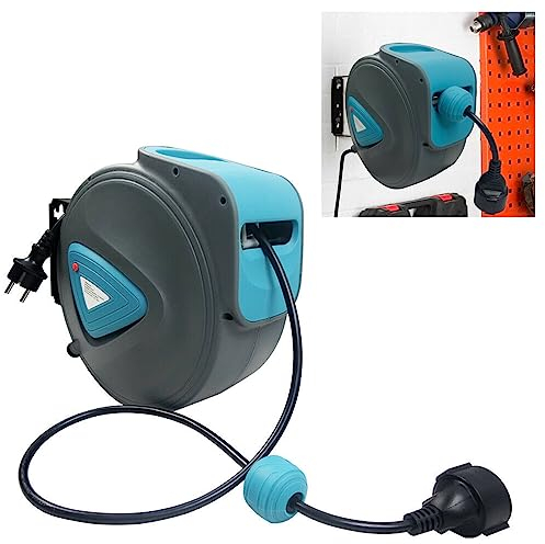 JOIEYOU Automatik Kabeltrommel 20m Outdoor Indoor Automatischer Kabelaufroller Überhitzungsschutz mit 180° drehbar Halterung, Einstellbarer Anschlag, für Werkstatt Garten Fabrik
