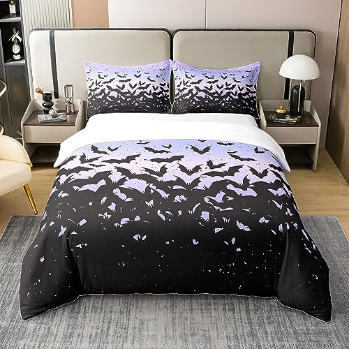 Halloween Fledermäuse 100% Baumwolle Bettbezug für Kinder Teens Jugend, Neon Lila Sternenhimmel Halloween Dunkle Nacht Bettwäsche Set für Schlafzimmer, Vintage Land All Season Bettwäsche 200x200