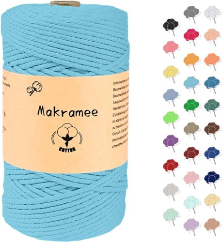 Uvolo 3mmx200m Makramee Garn, Baumwollgarn, Macrame Kordel für Basteln, Pflanzenbügel-Himmelblau
