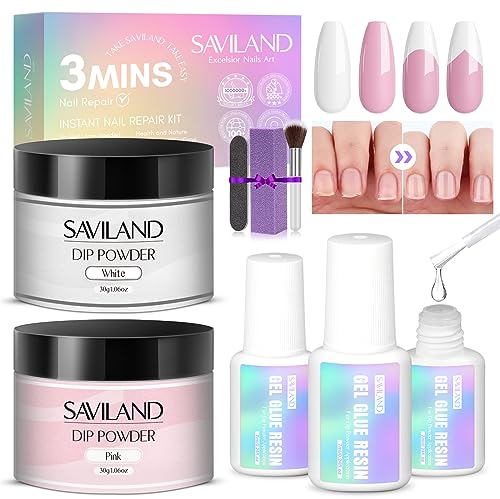 Saviland Dipping Powder Nails Set: 【Weiß&Rosa】Dipping Powder Nails Set Starter Kit,Nagelkleber Nagelfeile Nagelbrush für Dipping Powder Liquid Nagel Reparatur Set,Dip Pulver Set für Nagel Reparatur