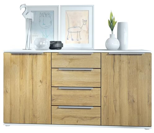 Sideboard Linio V1, Anrichte mit 2 Türen und 4 Schubladen, Weiß matt/Eiche Natur (138,5 x 75,5 x 35 cm)