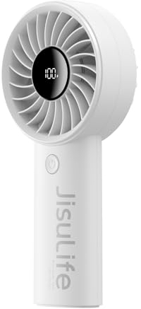 JISULIFE Handheld Portable Fan with Powerful Motor,LED Display,3600mAh Battery,5 Wind Speeds,Lanyard; USB Rechargeable Hand held Fan; Summer Essentials for Travel,Beach,Makeup,Concerts-Grey