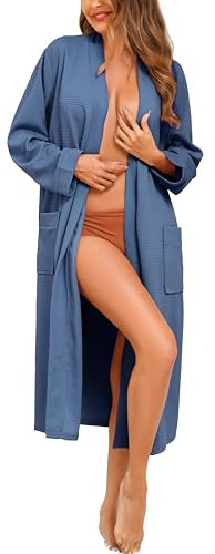 Vlazom Waffle Dressing Gowns Lightweight Kimono Robe Cotton Soft Bathrobe for All Seasons Spa Hotel Nursing Pregnancy Blue,M