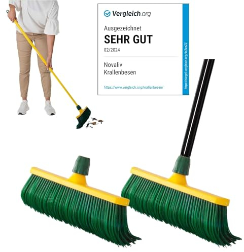 Novaliv 2 Cepillos de Garras Premium Con Mango de 30 cm, Cerdas Especiales Curvadas, Cabezal de Plástico, Ideal Como Escoba de Jardín, Rascadora y Para Césped Artificial
