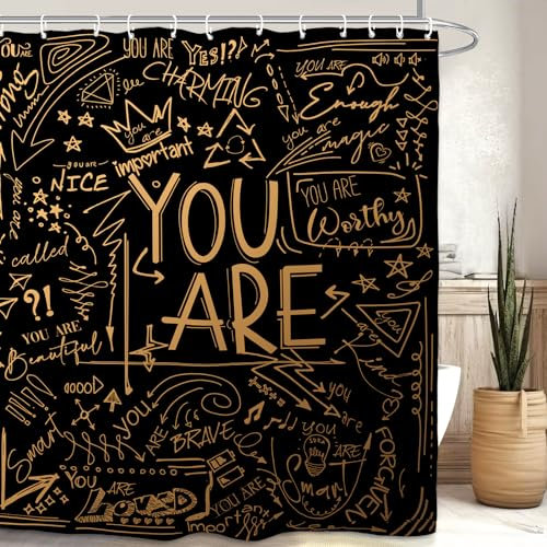 Yookeb Inspirierender Badezimmer-Duschvorhang mit Kinder-Zitaten, 152 x 180 cm (B x H), motivierend, positiv, Sie sind schwarz, kupfer und gold, für Kinder, Studenten, Linienkunst-Accessoire,