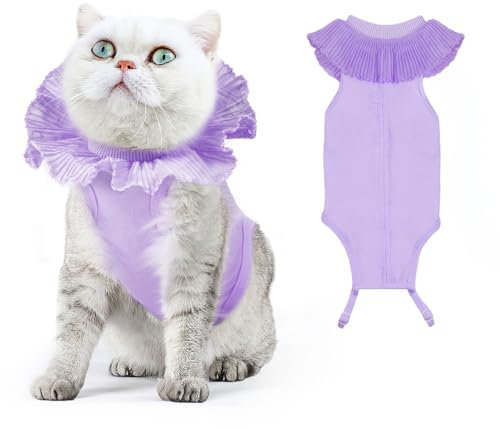 VavoPaw Katzenbody Nach Op für Weibliche Katzen, Atmungsaktive Katzen Kleidung für Chirurgische Genesung bei Bauchwunden, Weicher Stoff-Kätzchen Anzug E-Halsband-Alternative für Katzen, M Lila