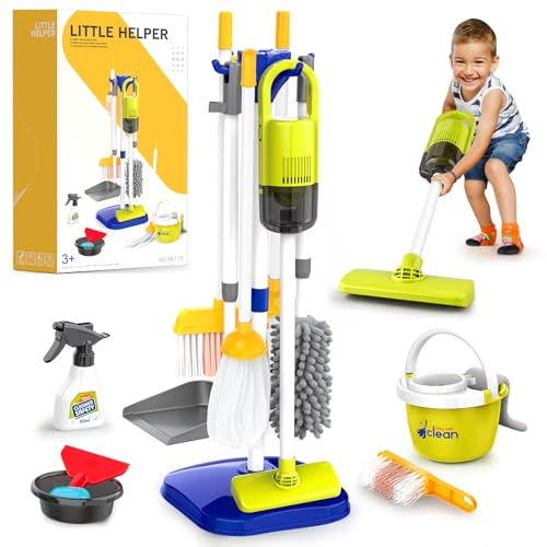PUPU PIG Toddler Toys Cleaning Set, Kids Cleaning Toy Set, Pretend Play Home Cleaning Playset - Incl.Electric Toy Vacuum, Broom and Dustpan Set, Mop,Duster and More,Cleaning Tools Toys for Boys Girls