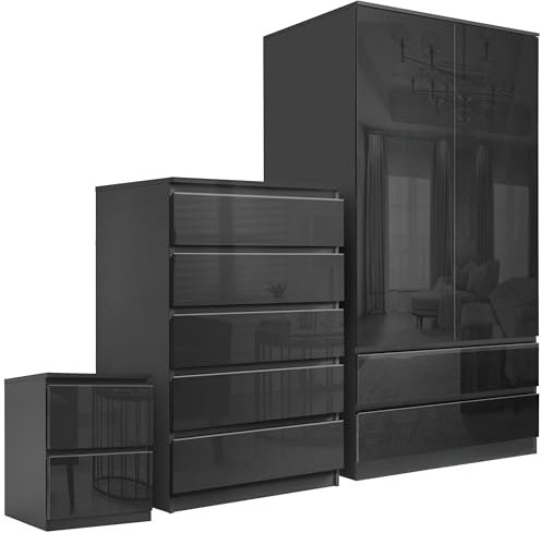 Blisswood High Gloss Bedroom Wardrobe sets with 2 Door Wardrobe 5 Drawer Chest of Drawers + 2 Drawer Bedside Table Cabinet Bedroom Set for 3 Piece Bedroom Storage furniture Set, Black