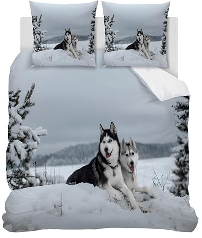 HYSNKSM Bettwäsche 155x220 Husky-Schneeberg Bettwäsche-Sets 3Teilig Mikrofaser Bettbezug 155 x 220 und 2 Kissenbezug 80x80 cm, Kuschelige Bettbezüge mit Reißverschlus