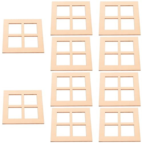 10Pcs Doll House Window Model - Mini Wooden Grids Age 14+ Window Frame Ornaments for Dollhouse Furniture, Handcrafted Beige 7CM, Perfect for 1/12 Scale Dollhouse Decoration