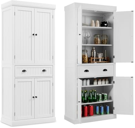 COSTWAY Küchenschrank aus Holz, Buffetschrank mit Verstellbarer Regalen, 4 Türen & Schubladen, Hochschrank Küchenbuffet freistehend für Küche, Esszimmer, Wohnzimmer, 76 x 40 x 183cm (Weiß)