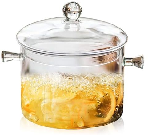 THEGA Pentole in Vetro con Coperchi, Padella in Vetro Borosilicato Resistente al Calore da 1600 Ml, Pentola in Vetro Trasparente con Coperchio E Doppi Manici per Zuppa di Latte E Noodle
