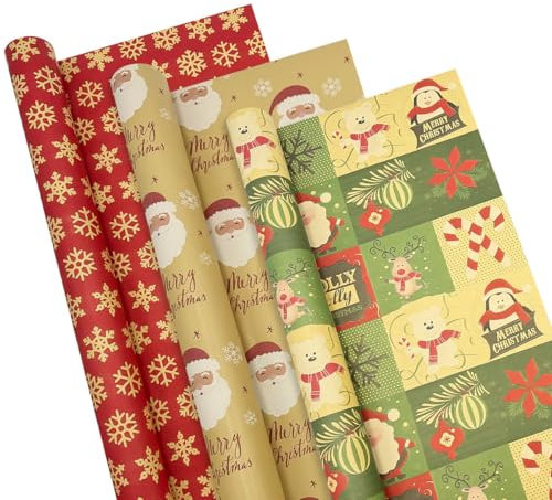 Lot de 3 rouleaux de papier d'emballage de Noël géant, 76 cm x 4 m, papier d'emballage cadeau kraft imprimé avec flocon de neige et Père Noël pour décorations de cadeaux de fête de Noël