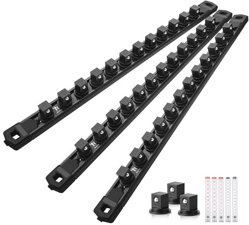 Reniteco Magnetic Socket Organizer Set, 3-Pack 1/2” Socket Rails | 36 Clips, Heavy-Duty Aluminum Alloy Rails, 360° Swivel Removable ABS Clips, Magnetic Base, Toolbox Drawer or Wall Mount