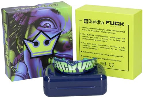 BUDDHA FIGHT WEAR Protector bucal Premium adultos y niños +12 Años para todos los deportes de contacto, incluidos rugby, MMA, kickboxing, judo, hockey y boxeo (Azul-Amarillo)