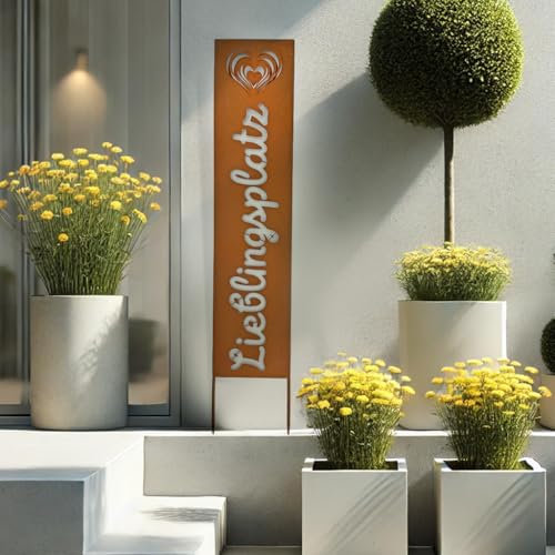 K&L Wall Art Lieblingsplatz Roststecker mit Herz Edelrost Gartenstecker Feng Shui Deko Rost Gartenstecker Metall Gartendeko