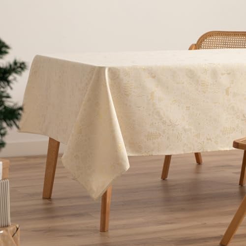 GAMUSI Tischdecke für Weihnachten, Jacquard, Goldgarn, Esstisch, quadratisch, Weihnachtsdekoration, 140 x 350 cm, naturfarben