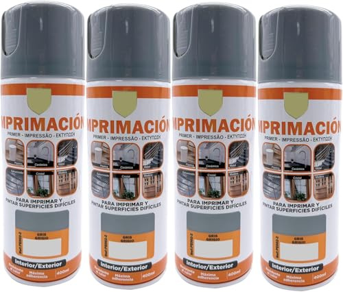 MORE FREE Pintura Spray Imprimacion Gris de 400 ml Adecuado para las Superficies de Metal, Madera y Plástico Pack de 4 Unidad