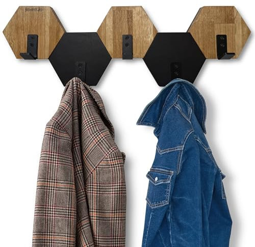 Kleiderhaken Hexagon wand Wandgarderobe Garderobe Holz Eiche schwarz design modern jugendzimmer badezimmer natur (Schwarz/Eiche, 56)