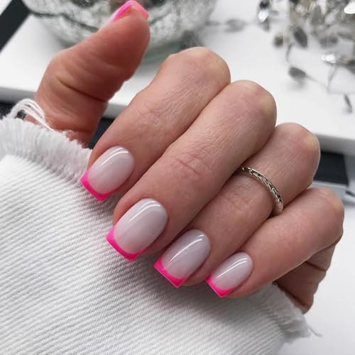 Hot Pink French Tip Nails - 24pcs French Tip False Nails - 12 Sizes Short Square Fake Nails with Glue - Glossy Acrylic nails - Full Cover Reusable Glue on Nail With Elegant Design