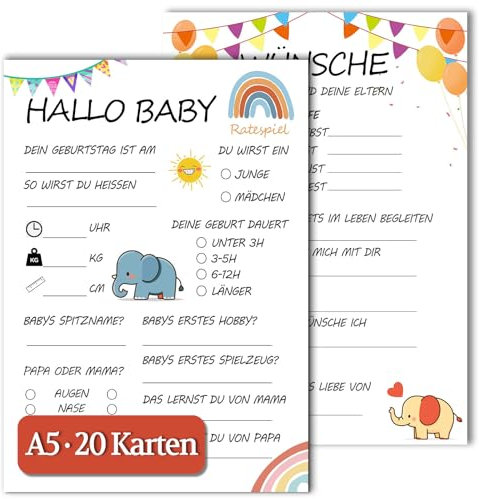 20 Babyparty Spiele Karten A5, Gender Reveal Party Deko zum Ausfüllen, Rainbow Design Baby Party Spiele ideen und Babyshower Ratespielkarten für Baby Mädchen und Jungen Enthüllungsspiel
