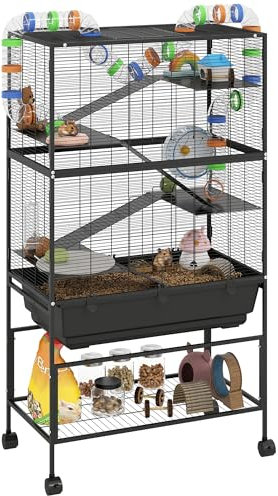 PawHut Hamster Cage, 5 Tier Gerbil Cage on Wheels with Storage Shelf