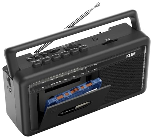 KLIM Portable Cassette Player & Tape Recorder – Boombox with AM/FM Radio, USB, Bluetooth, Speaker, and Earphone Jack – Battery and AC Operated - Black