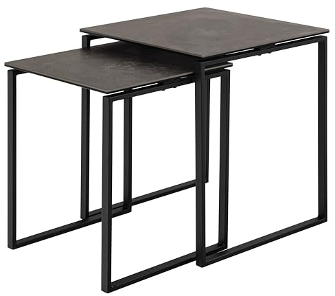 AC Design Furniture Jannis Quadrat Couchtischsatz, Tischplatte schwarz Fairbanks rau keramisch, Kufe Gestell matt schwarz rau pulverbeschichtet Stahl mit Satz aus 2 stück, 50x50x55 cm