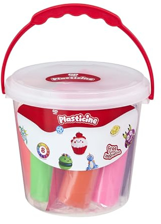 Plasticine Eimer-Set – 8 große Knetstangen mit Werkzeug & Anleitung im Trageeimer – Wiederverwendbare Knete für sauberen Bastelspaß – Für Kinder ab 5 Jahren