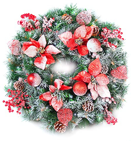 Best Artificial Frosted Red Decorated Christmas Wreath with 30 Bright White LED Battery Waterproof Lights (60cm Wreath)