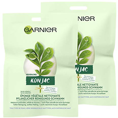 Garnier Konjac Pflanzlicher Reinigungs-Schwamm, Naturkosmetik, Konjac Schwamm, Gesichtsreinigung und Peeling (2 Stück)