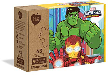 Clementoni 25257 Play for Future Marvel Superhero – Puzzle 3 x 48 Teile ab 4 Jahren, 3 Kinderpuzzle aus recyceltem & recycelbarem Material, Denkspiel für Kinder