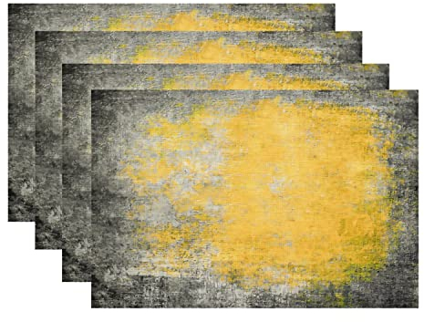 Batmerry Art Modern Grey Horizontal Colorful Placemats, Grey and Yellow Abstract Art Painting Woven Burlap Modern Placemats for Dining Table Kitchen Farmhouse Wedding Decor Indoor Set of 4