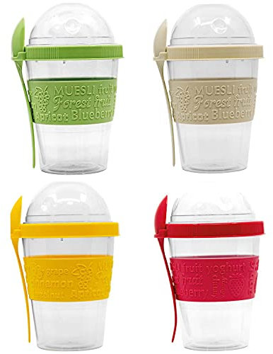 Procos 92085 92085 Lot de 4 gobelets réutilisables avec Couvercle et cuillère 500 ML Couleurs Assorties (Beige, Vert, Rouge, Jaune)