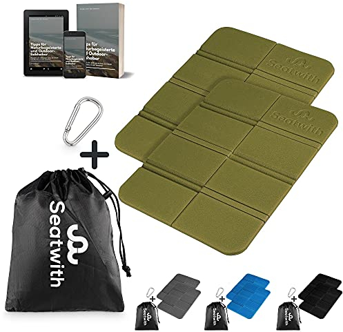 Seatwith 2er Set Outdoor Sitzmatte/Faltbares Iso-Thermo-Sitzkissen mit Tragetasche und Karabinerhacken für ideale Befestigung am Rucksack maximaler Schutz vor Kälte Nässe & Schmutz + Outdoor E-Book