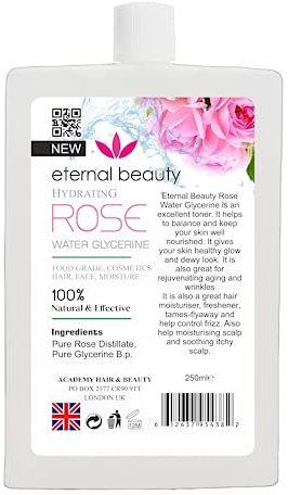 Rose Water with Glycerine – 100% Natural Extracts of Fresh Roses, Hydrating & Refreshing Facial Toner, Skin & Hair Mist – 250ml by Eternal Beauty