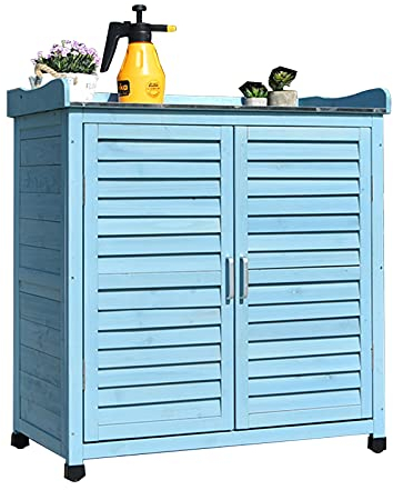 YYUN Pflanztisch Outdoor Tisch Metall-Arbeitsfläche mit Schrank und Haken, Tanne Naturholz, Regendichter Sonnenschutz, Torage Schrank für Innenhof Balkoneingang (Color : Blue)