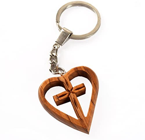 KASSIS Porte-clés en bois d'olivier en forme de cœur pour plusieurs occasions, Croix.